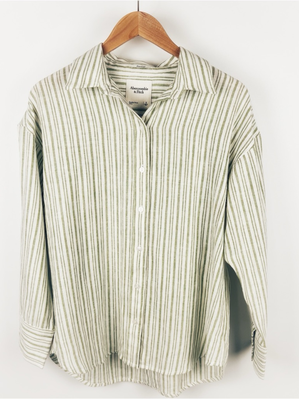 Abercrombie & Fitch Striped Oversized Button Down Linen Viscose Shirt Green S
